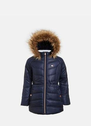 Куртка дитяча зимова tommy hilfiger стьобана з капюшоном та штучним хутром темно-синя 8-10 років