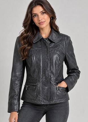 Куртка женская кожаная черно-серая матовая на молнии с карманами new look