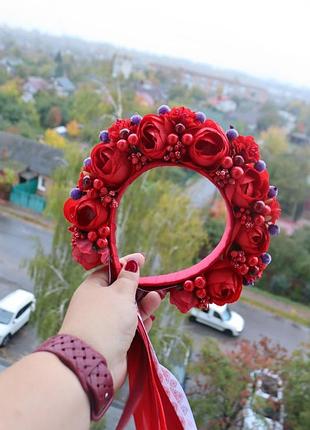 Птшной цветочный красный, украинский венчик с лентами до вышиванки