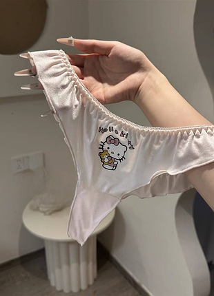 Трусики стринги белого цвета hello kitty, женские трусики стринги хеллоу котти с рюшами 8