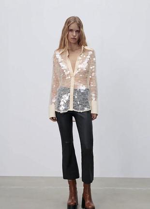 Блуза жіноча zara напівпрозора з мереживом та паєтками, бежева, розмір s/m
