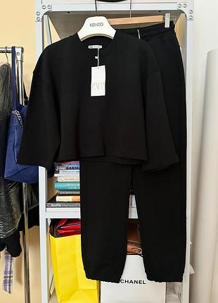 Чорний базовий трикотажний спорт повсякденний костюм zara штани спорт кофта оверсайз світшот