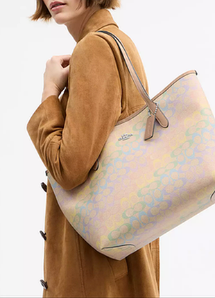 Кожаная сумка шоппер канва coach city tote bag in rainbow signature canvas оригинал