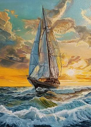 Морський пейзаж, парусник, човен море картина маслом 30 * 40 см