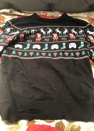 Светр чоловічий новорічний чорний з геймерським принтом ugly christmas sweater, розмір m/l