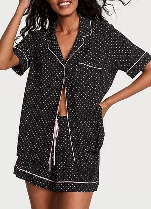 Піжама жіноча victoria’s secret modal short pajama set black pretty dot чорна в горошок, розмір xs