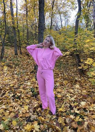 🌸 трендовий трикотажний костюм-двійка в стилі zara (колір: барбі / рожевий)
