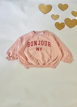 Світшот для дівчинки zara рожевий з написом bonjour ny 1,5-3 роки
