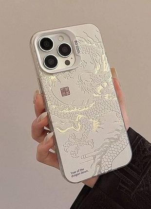 Чехол на iphone 12 глянцевый с драконом, защитный, белый
