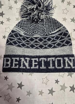 Шапка для хлопчиків united colors of benetton в'язана з помпоном, синя, сіра