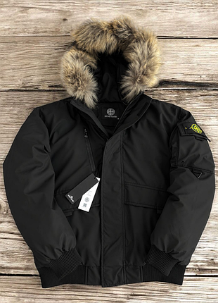 Акція 🔥 куртка бомбер чоловіча stone island х чорна зима водовідштовхувальна непродувна плащівка натуральне лисяче хутро