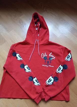 Яркое красное укороченное худи primark x disney mickey mouse (m / 40-42) с начесом