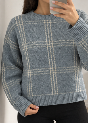 Укорочений блакитний светр у клітинку pull&bear, розмір s овер