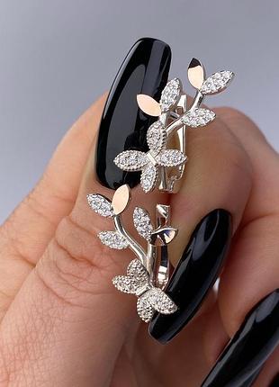 Серьги из серебра — веточки с листочками, с фианитами 925 пробы