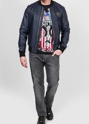 Куртка чоловіча philipp plein бомбер шкіряна синя розмір m