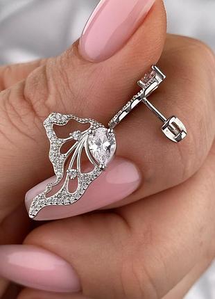 Серебряные серьги пусеты 925 пробы с фианитами, белый цвет вставки