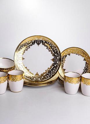 Столовий сервіз порцеляновий 16 предметів для дому на 4 персони із золотим візерунком royal mc-13869