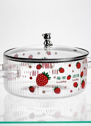 Каструля скляна 2,4 л із кришкою та ручкою у формі ведмедика для кухні боросилікатне скло lucky mc-13787