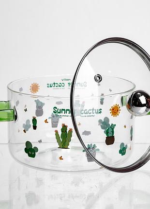 Каструля жароміцне скло 1.8 л для кухні з кришкою зелені ручки summer cactus mc-13751