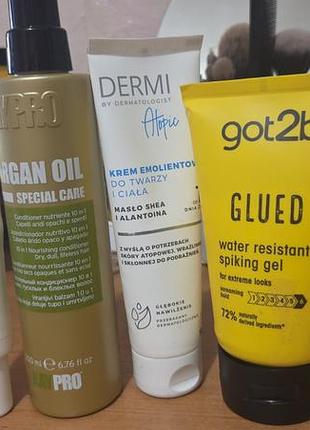 Великий лот косметики та парфумів: спрей для волосся argan oil, крем-емолієнт dermi atopic, гель для укладання got2b glued