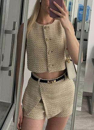 Жіночий твідовий костюм zara з шортами, бежевий