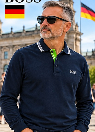 Мужское поло с длинным рукавом boss hugo boss green plosy, темно-синее, премиум, s 46