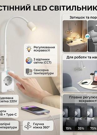 Лампа для чтения princeway led в розетку с подключением usb-a и usb-c 3 режима света доммер белая
