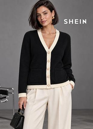 Новый черный кардиган с пуговицами и молочной каймой shein m