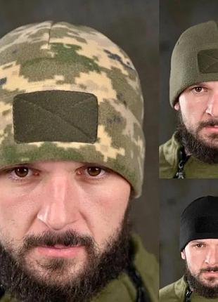 Военная флисовая шапка с липучкой под шеврон — олива