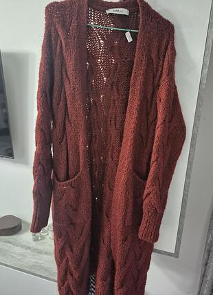 Кардиган жіночий zara knit подовжений з кишенями, цегляний