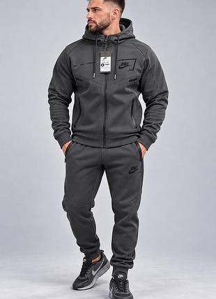 Чоловічий зимовий спортивний костюм nike на товстому флісі графіт інтерлок теплий з капюшоном