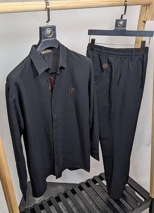Костюм котон штани + сорочка loro piana чорний kitshsh001