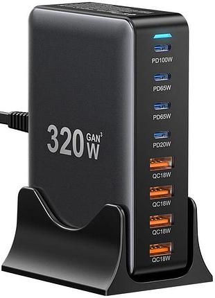 Мережевий зарядний пристрій essager engine 320w gan table charge 4 type-c + 4 usb-a black (ezc320w-qjb0g-z)