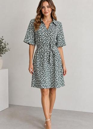 Платье льняное, платье с воротником и поясом, платье-рубашка с принтом nutmeg