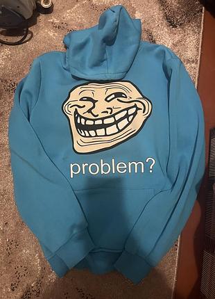 Блакитне худі troll face "problem?" / кофта з капюшоном та принтом