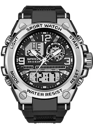Мужские часы sanda 6024 black-silver — кварцевые, водонепроницаемые, стрелочно-электронные