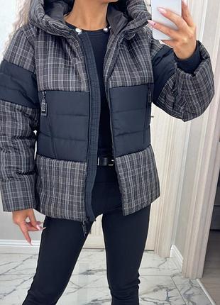 До -20° ❄ зимняя теплая куртка с высоким воротом и капишоном в клетку в клетку в клетку
