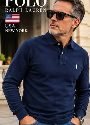 Мужское поло ralph lauren slim fit l темно-синее с длинным рукавом премиум стиль