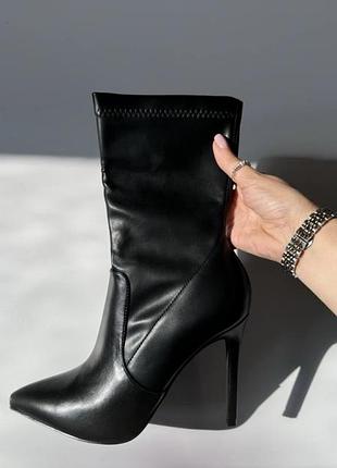 Ботильйони черевики на високих каблуках шпильках з вузьким носком чорні еко шкіряні осінь весна демі жіночі