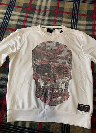 Жіночий світшот philipp plein молочний з принтом черепа, розмір l-xl