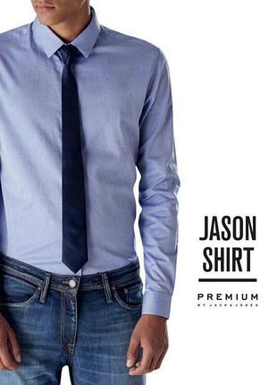 Крутая мужская хлопковая рубашка синего цвета от premium by jack & jones, 💯 оригинал