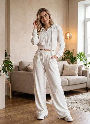 Новий молочний плюшевий / велюровий костюм best fashion (худі + штани палаццо, розмір s)