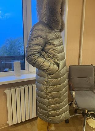 Пальто жіноче зимове, золотисте, розмір l, з натуральним хутром на капюшоні
