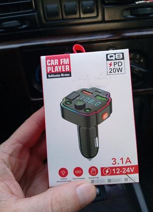Fm модулятор трансмиттер bluetooth q8 с быстрой зарядкой type-c pd 20w и eq