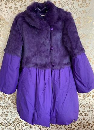 Пальто, пуховик miss grant, down coat puffer real fur, италия, оригинал,  размер 42, на девочку 12 - 13 лет, мех кролика, пух лебединый