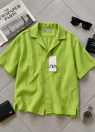 Нова чоловіча сорочка zara з біркою, салатова, короткий рукав, розмір l