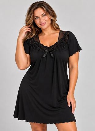 Жіноча нічна сорочка з мереживом і коротким рукавом, чорна, 4xl