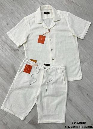 Костюм лен/котон шорты + рубашка к/р loro piana белый kitshs008