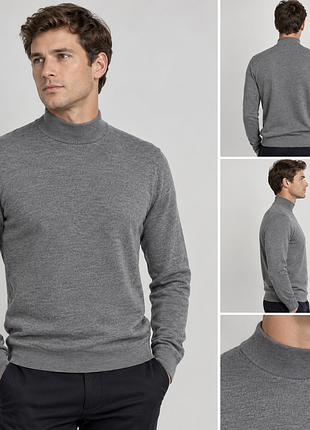 Светр 100% merino wool, сірий меланж, розмір l, тонкий трикотаж і комір-стійка