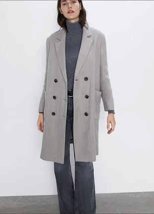 Двубортное пальто zara, шерсть, лен